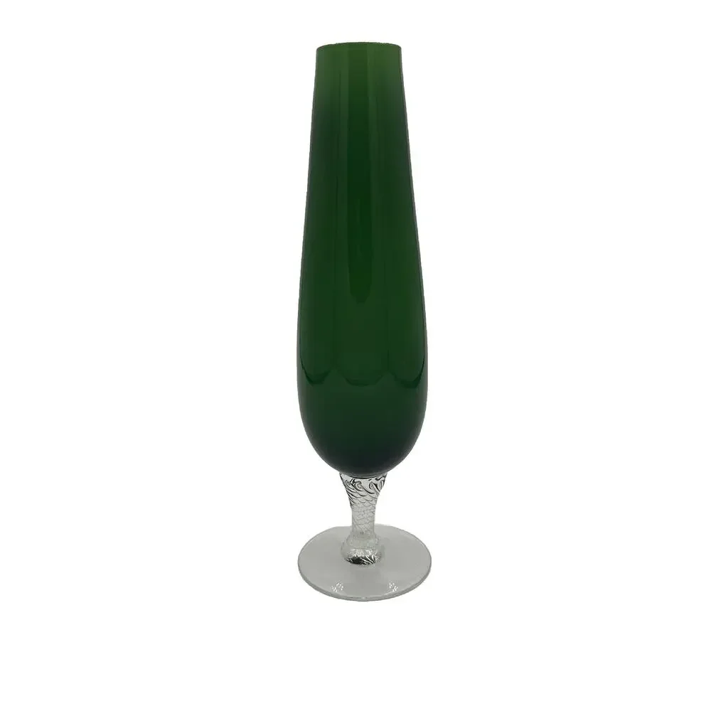 MCM Green Cased Art Glass Cylinder Bud Vase Mid Century Clear Stem Glass Vase